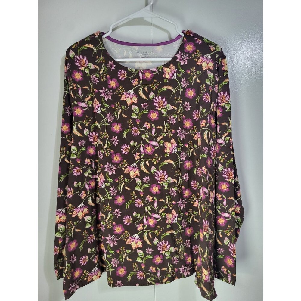 Appleseed's Womens 1X Long Sleeve T Shirt Floral Fairy Whimsy Country Grandma